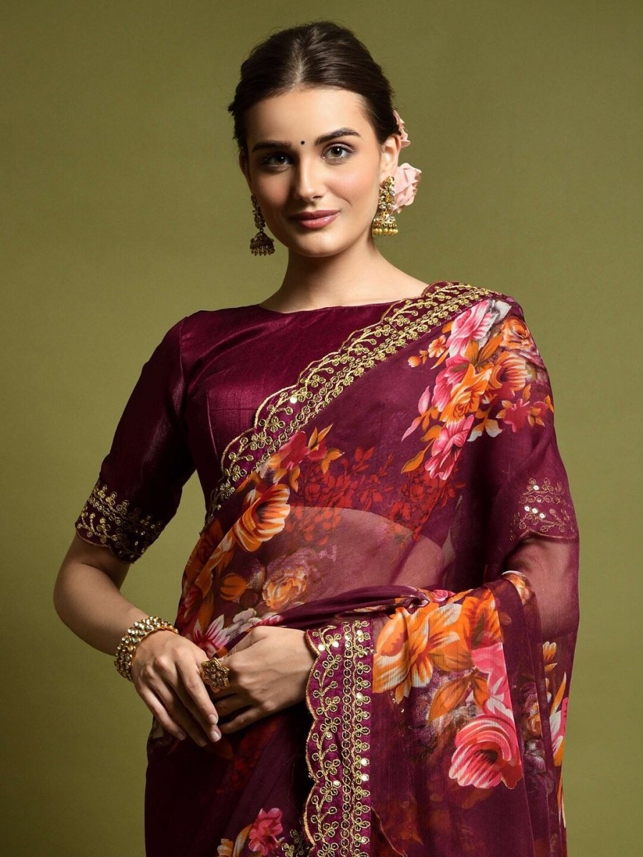 Anouk Magenta & Orange Floral Printed Sequined Pure Georgette Saree - Distacart