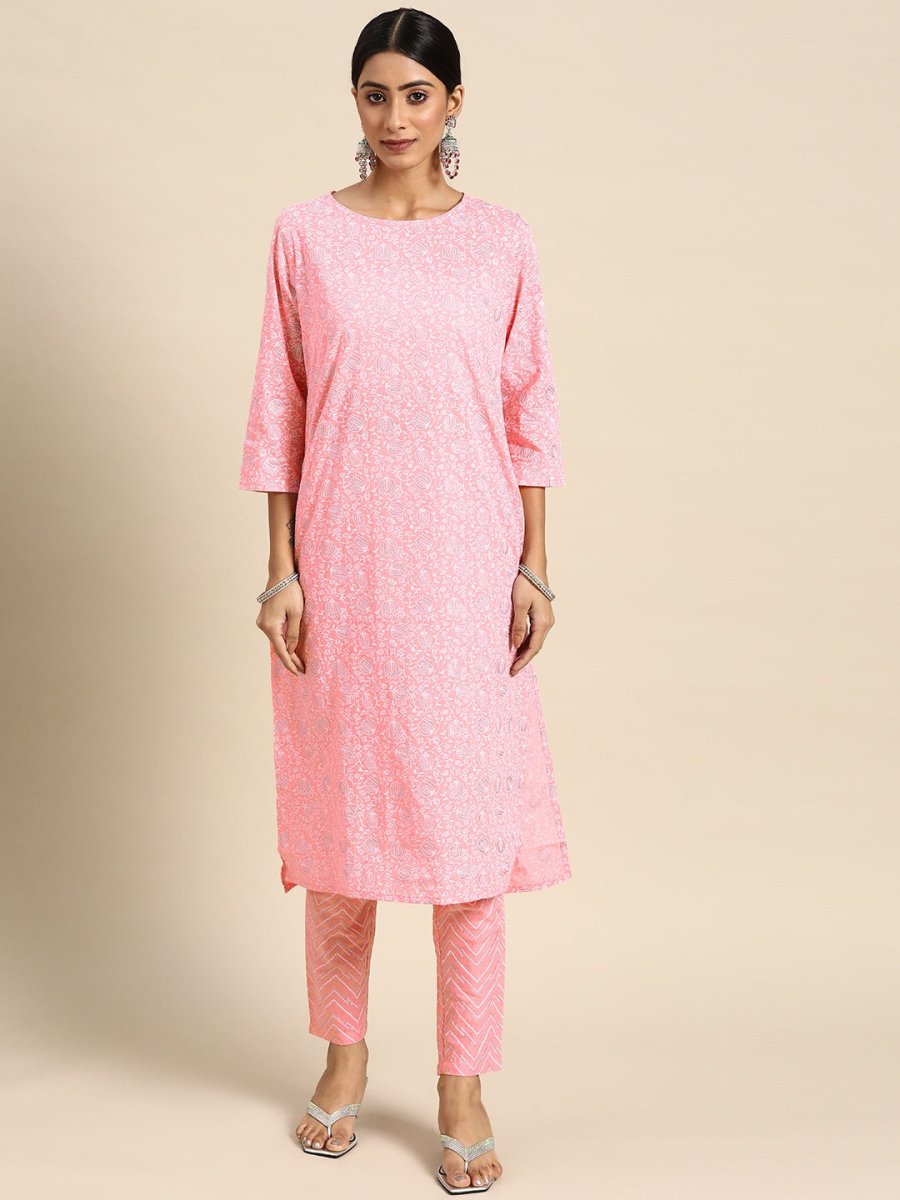 All About You Women Pink Ethnic Motifs Printed Pure Cotton Kurta with Trousers - Distacart