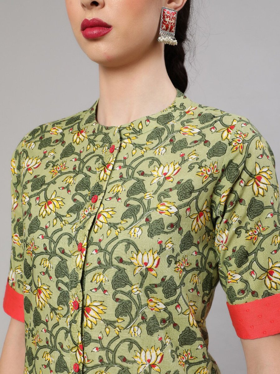 Aks Floral Printed Regular Pure Cotton Kurta With Trousers - Distacart