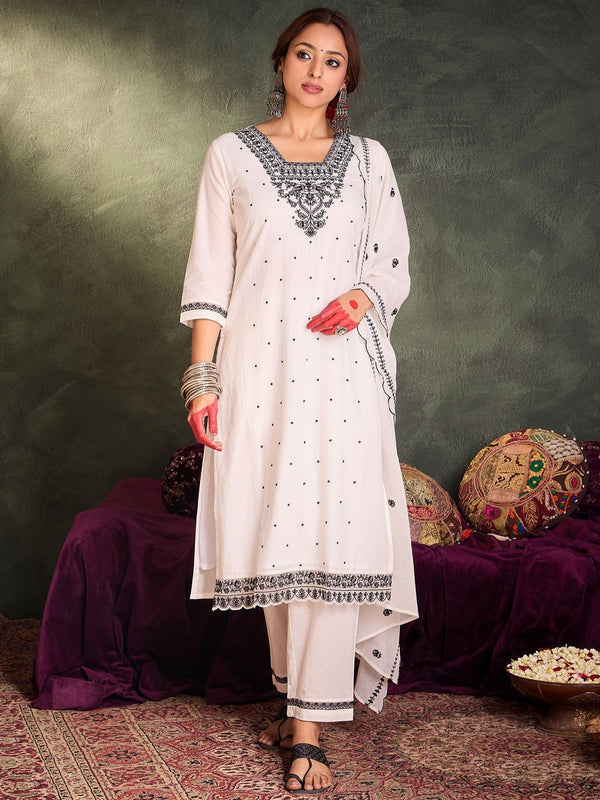 Indo Era Floral Embroidered Thread Work Pure Cotton Kurta With Trousers & Dupatta