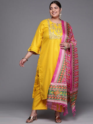 Sztori Plus Size Yoke Design Pure Cotton Kurta With Trousers & Dupatta