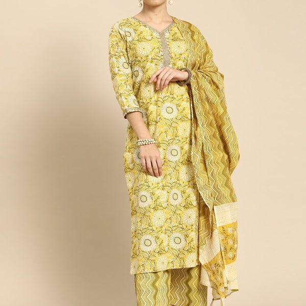 Anouk Women Yellow Floral Printed Regular Beads and Stones Pure Cotton Kurta Set - Distacart