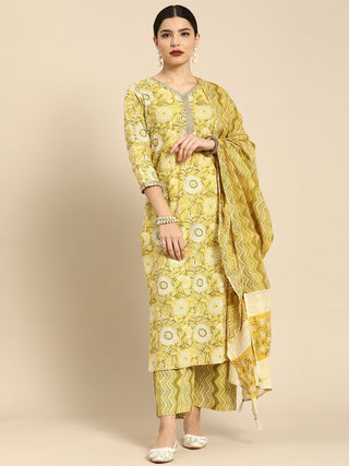 Anouk Women Yellow Floral Printed Regular Beads and Stones Pure Cotton Kurta Set - Distacart