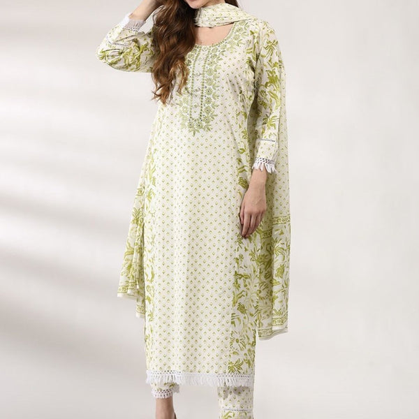 Anouk Off White Floral Printed Thread Work Pure Cotton Kurta With Trousers & Dupatta - Distacart