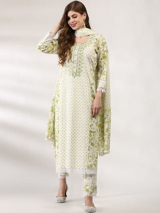 Anouk Off White Floral Printed Thread Work Pure Cotton Kurta With Trousers & Dupatta - Distacart