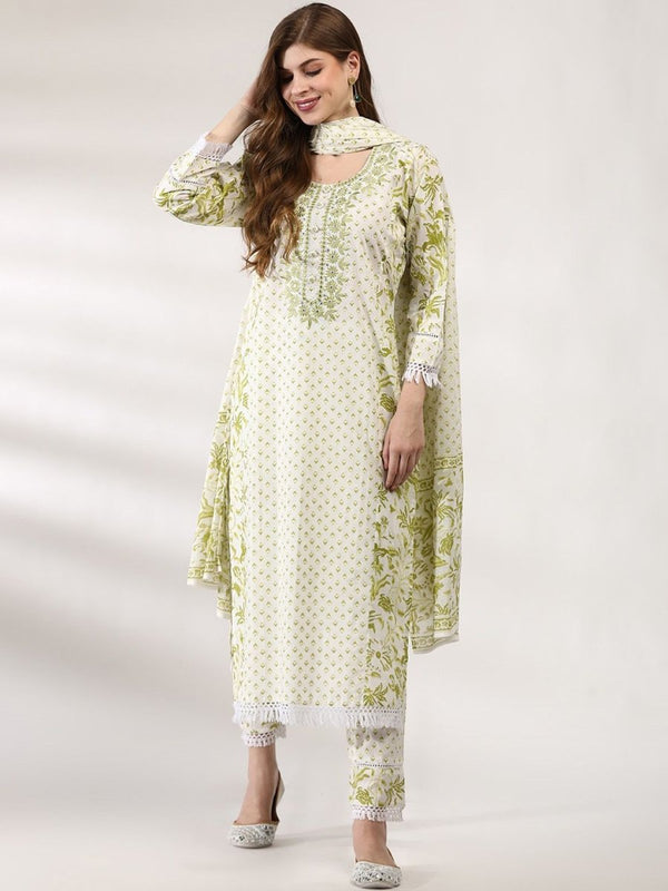 Anouk Off White Floral Printed Thread Work Pure Cotton Kurta With Trousers & Dupatta