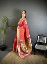 Thumbnail for Joban Fashion Rose Pink Peacock & Floral Motifs Soft Lichi Silk Kanchipuram Saree - Distacart
