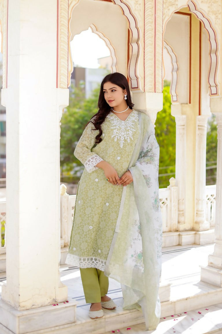 Vaasva Women Pista Green Linen Printed Kurta, Pant & Dupatta set - Distacart