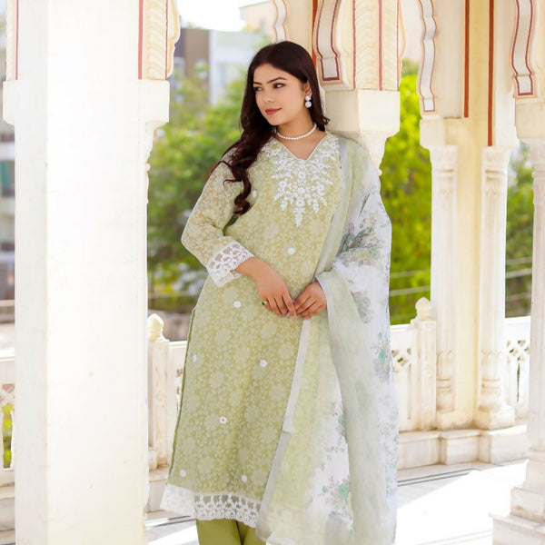 Vaasva Women Pista Green Linen Printed Kurta, Pant & Dupatta set - Distacart