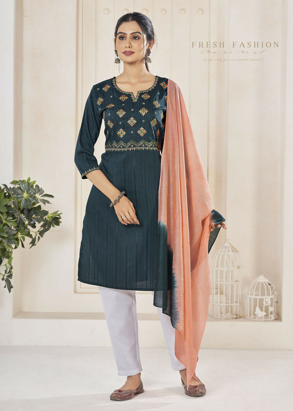 Jyoti Fashion Women's Morpich Pure Viscose Weaving Stripe with Embroidery Kurta Set - Distacart