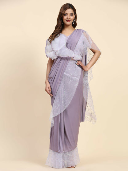 Light Purple Lycra Solid Ready to Wear Saree with stitched Blouse - Nita - Distacart