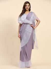 Thumbnail for Light Purple Lycra Solid Ready to Wear Saree with stitched Blouse - Nita - Distacart