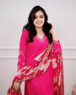 Thumbnail for The52 Pink Women's Beautiful Viscose Silk Fabric Embroidered Work Straight Kurta Pant and Dupatta Set - Distacart