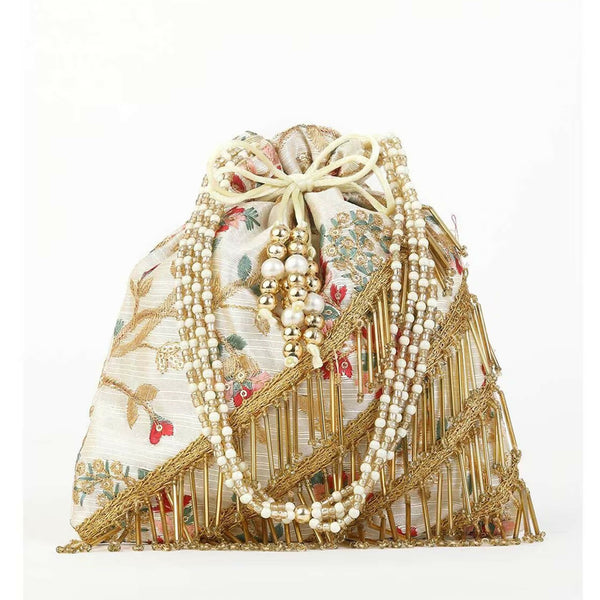 Joban Fashion Embroidered Potli Clutch With Pearl Strap - Multicolor
