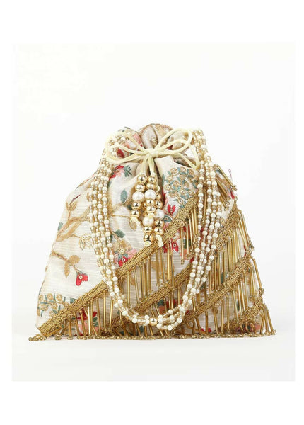 Joban Fashion Embroidered Potli Clutch With Pearl Strap - Multicolor