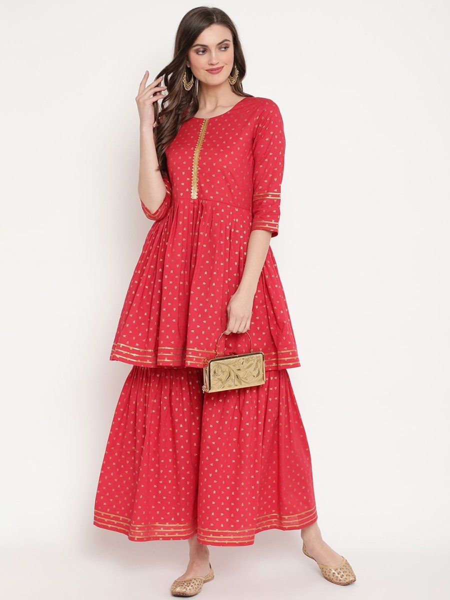 Ahalyaa Women's Red Cotton Gold Print Kurta Sharara Set