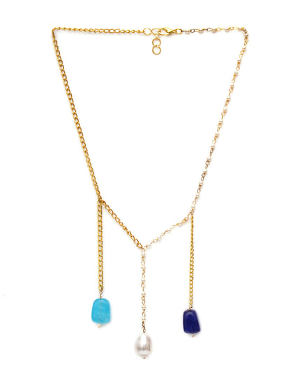 Long Pearl and Gold Chain Neckpiece (Gold) - Ruby Raang - Distacart