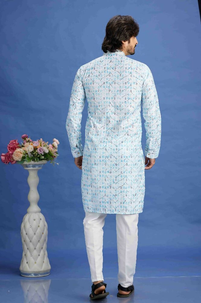 Raivat Ethnic Cotton Embroidery Kurta Pajama In Sky Blue Colour - Dista