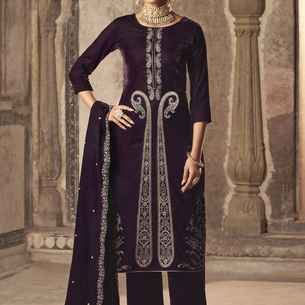 Jyoti Fashion Women's Wine Velvet Floral Resham Thread with Jari work Kurta with Trouser & Dupatta - Distacart