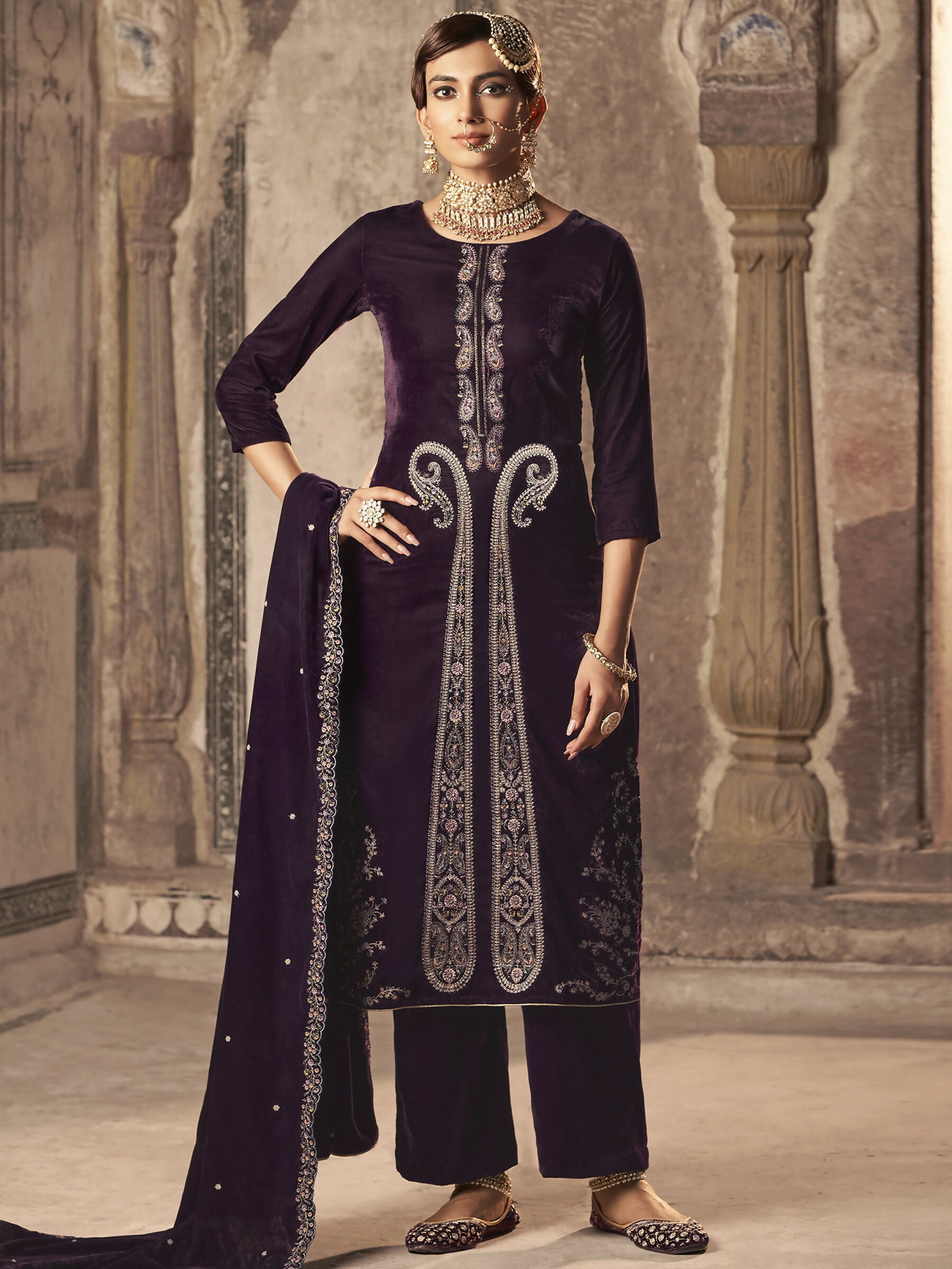 Jyoti Fashion Women's Wine Velvet Floral Resham Thread with Jari work Kurta with Trouser & Dupatta - Distacart