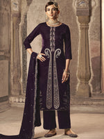 Thumbnail for Jyoti Fashion Women's Wine Velvet Floral Resham Thread with Jari work Kurta with Trouser & Dupatta - Distacart