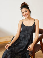 Thumbnail for Janasya Navy Blue A-Line Cotton Dress - Dista