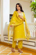 Thumbnail for The52 Yellow Women's Beautiful Embroidered Viscose Shimmer Fabric with Straight Kurta, Pant and Dupatta Set - Distacart