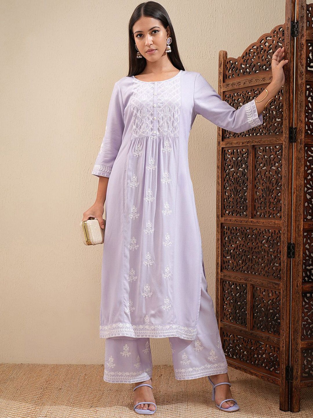 Vishudh Floral Embroidered Straight Kurta with Palazzos - Distacart