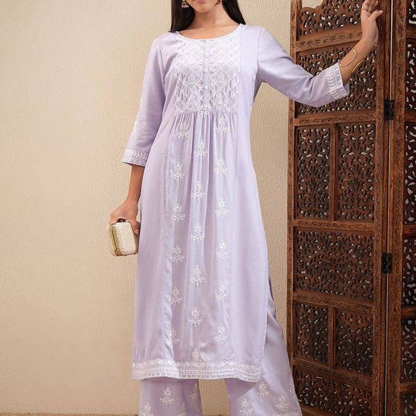 Vishudh Floral Embroidered Straight Kurta with Palazzos - Distacart