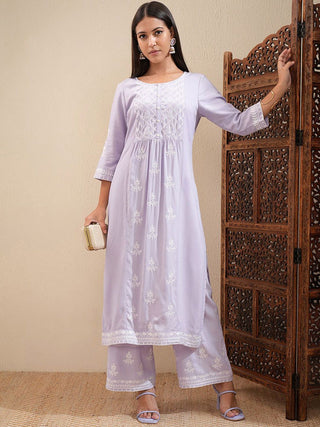Vishudh Floral Embroidered Straight Kurta with Palazzos