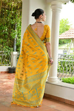 Thumbnail for Vishnu Weaves Women's Yellow Handloom Raw Silk Thread Weaving Saree with Blouse
