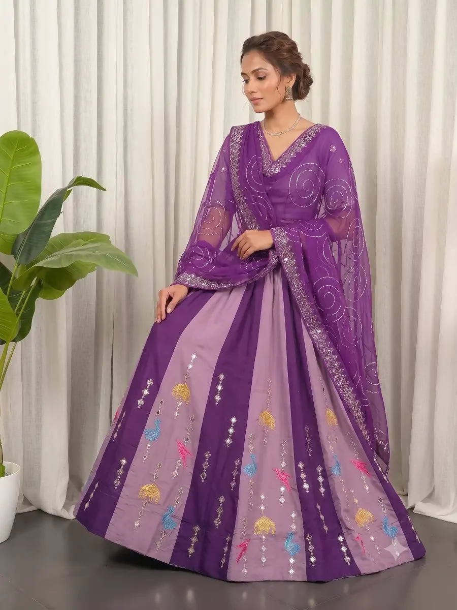 Teeya Creation Dual Shade Wine & Lavender Designer Silk Lehenga Choli Set with Mirror Work Dupatta
