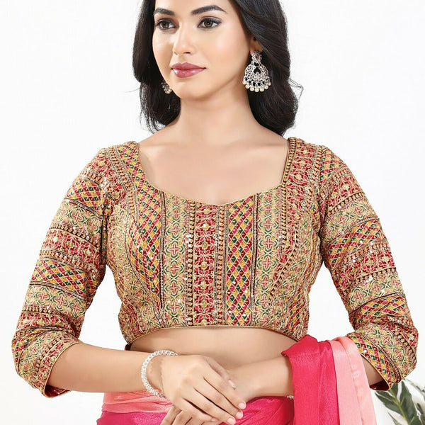Joban Fashion Pink Multi Silk Padded Blouse With Sweetheart Neck 3/4 Sleeves - Distacart