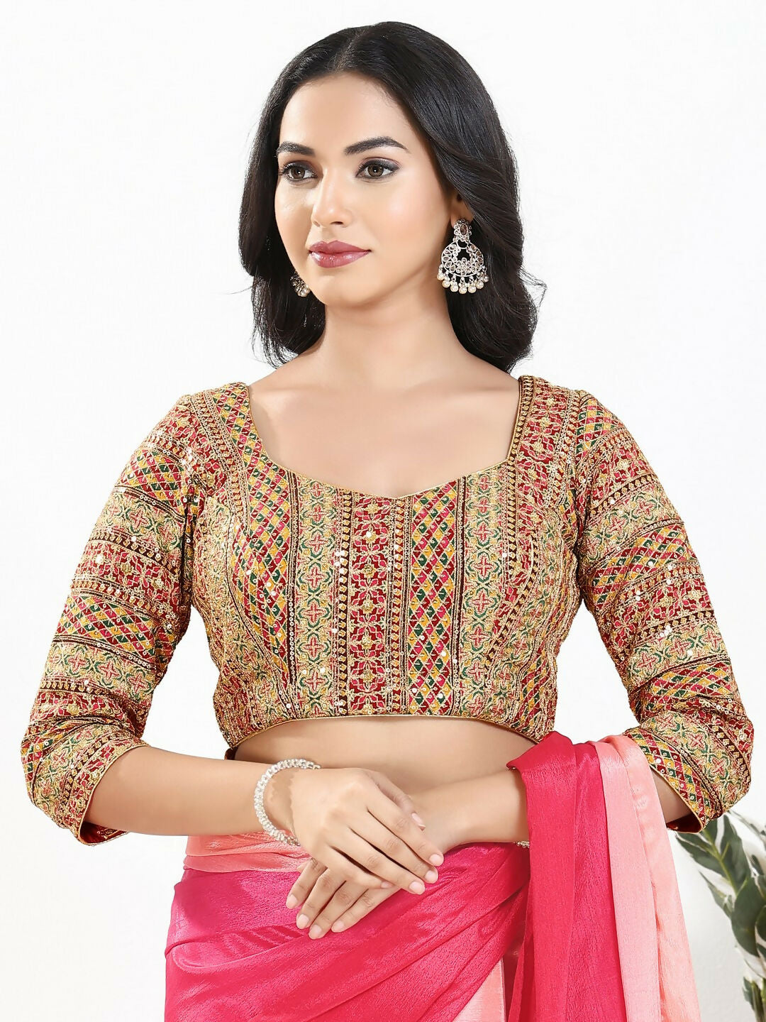 Joban Fashion Pink Multi Silk Padded Blouse With Sweetheart Neck 3/4 Sleeves
