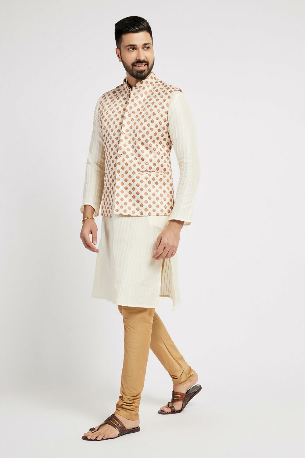 Ethnic India Cream Bundi Men's Jacket Geometric Polyester - Distacart