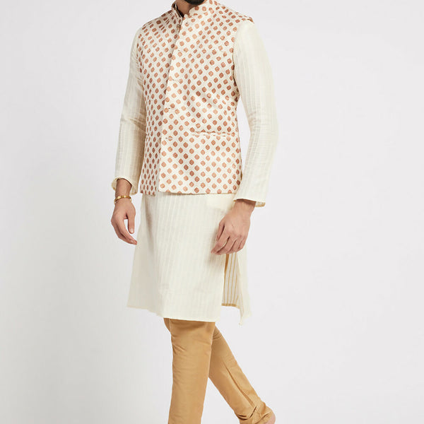 Ethnic India Cream Bundi Men's Jacket Geometric Polyester - Distacart