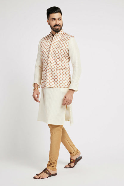 Ethnic India Cream Bundi Men's Jacket Geometric Polyester - Distacart