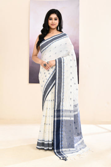 Piyari Fashion Women's White Embellished Cotton Saree - Dista