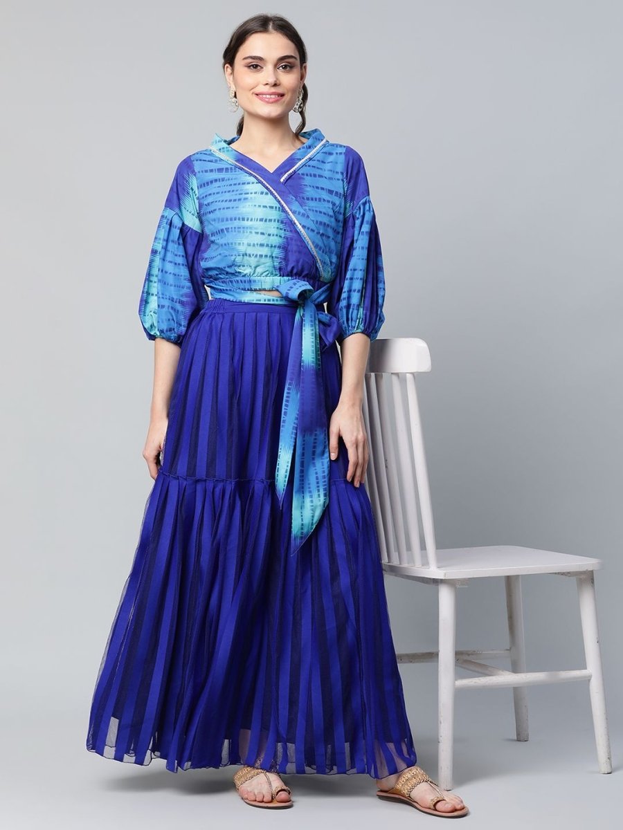 Ahalyaa Women Stunning Blue Crepe Printed Top with Skirt