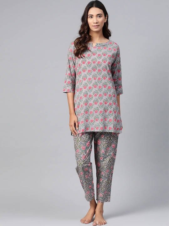 Anubhutee Grey & Pink Pure Cotton Printed Night suit - Distacart
