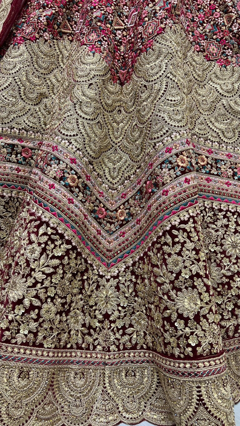 Jyoti Fashion Women's Maroon Velvet Fancy Dori & Sequins Multi Thread Embroidered with Diamond Work Wedding Lehenga Choli - Distacart