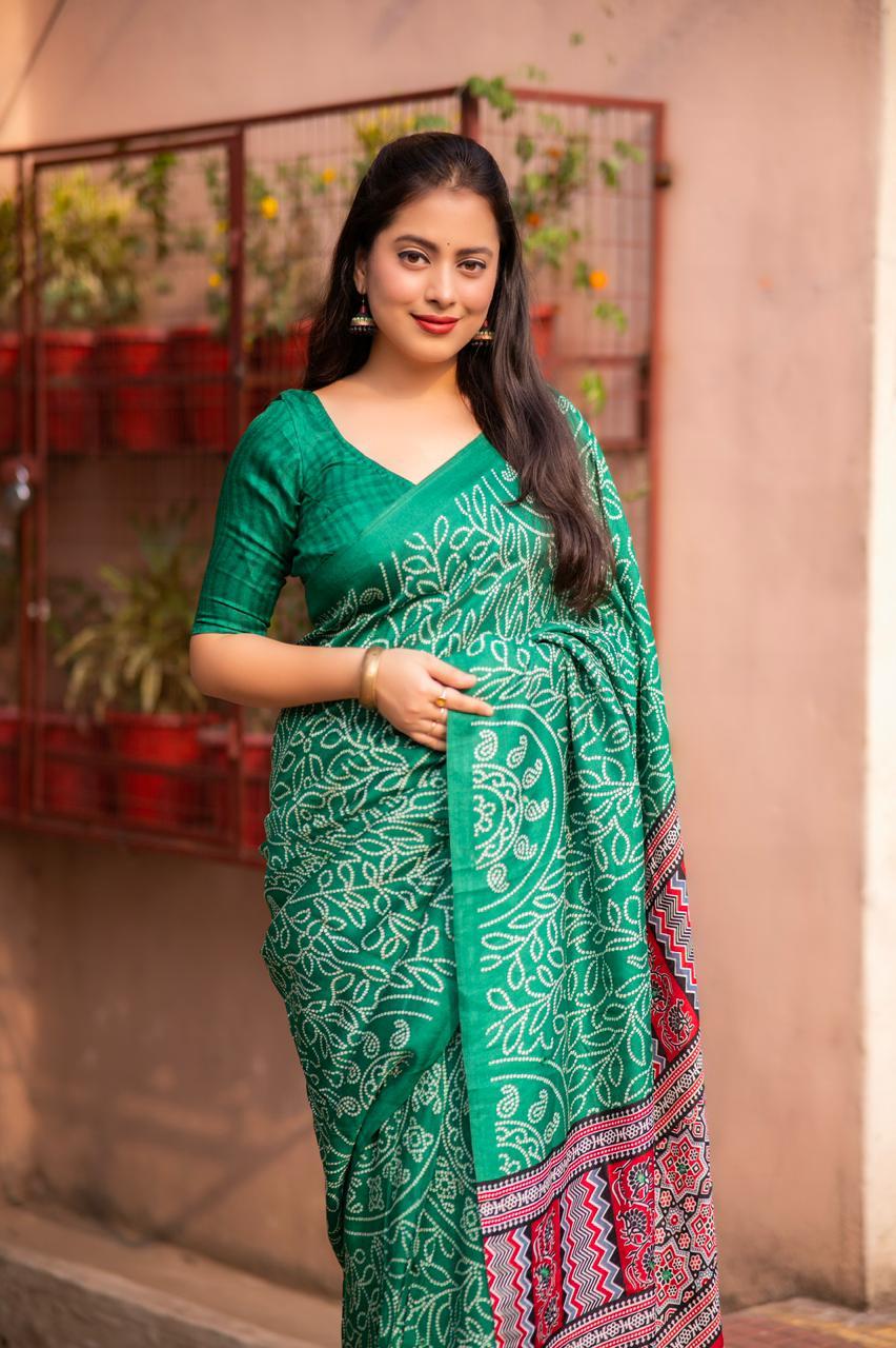 Green Silk Blend Ajrak Saree with Unstitched Blouse - A2M - Distacart
