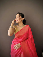 Thumbnail for Joban Fashion Hot Pink Jacquard Butti Soft Lichi Silk Paithani Saree - Distacart