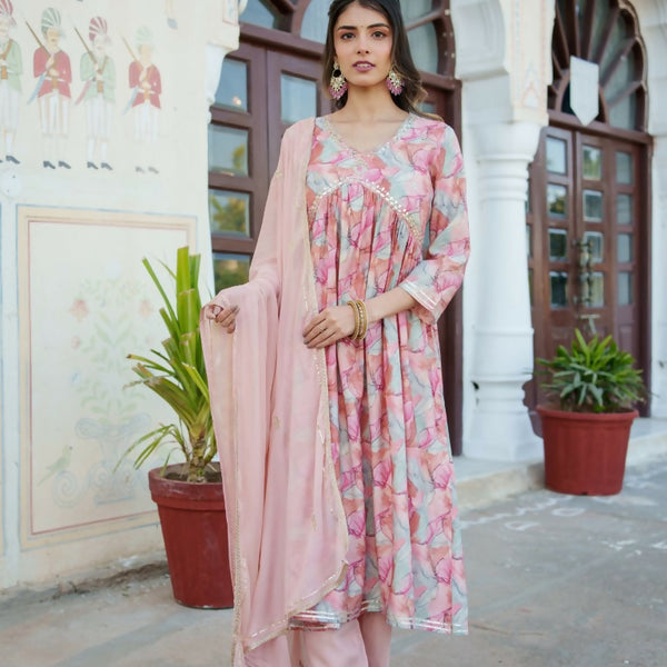 Vaasva Women Peach Muslin Embroidered Kurta, Pant & Dupatta Set - Distacart
