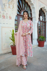 Thumbnail for Vaasva Women Peach Muslin Embroidered Kurta, Pant & Dupatta Set - Distacart