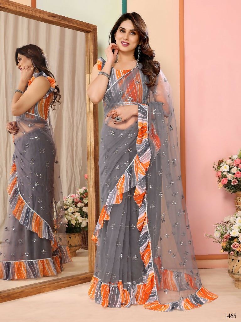 Partywear Designer Grey Net Fancy Saree - Dyuti - Distacart