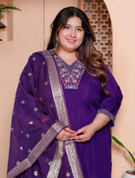Thumbnail for Miravan Women's Plus Size Purple Muslin Straight kurta and palazzo with dupatta Suit set - Distacart