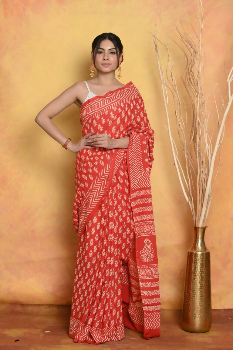 Very Much Indian Handblock Printed Cotton Saree With Natural Dyes - Orange - Distacart