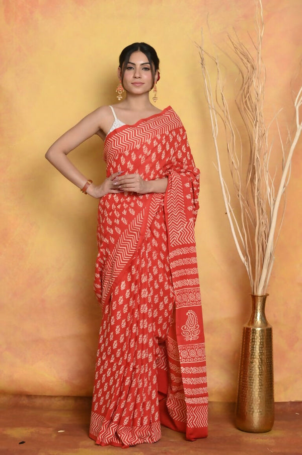 Very Much Indian Handblock Printed Cotton Saree With Natural Dyes - Orange - Distacart