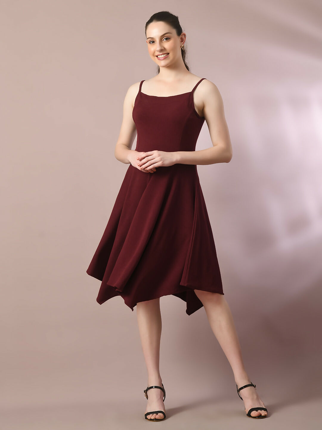 Myshka Women's Maroon Solid Shoulder Straps Fit and Flare Party Dress - Distacart